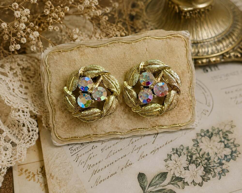 Vintage Gold Tone Aurora Borealis Rhinestone Leaf Wreath Clip-On Earrings
